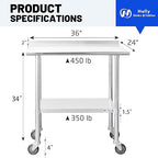 Hally Stainless Steel Table for Prep & Work 24 x 36 Inches with Caster Wheels, NSF Commercial Heavy Duty Table with Undershelf and Backsplash for Restaurant, Home and Hotel