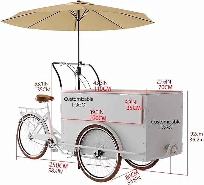 Mobile Vending Bicycle Cart, Food Display Stand with Parasol, Large Storage Space, Perfect for Shopping Malls, Events, Streets(White)
