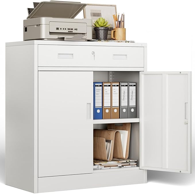 BESFUR 36" H Metal Cabinet with Lockable Drawer and 2 Lockable Doors, White Locking Cabinet with Adjustable Shelf, Lockable Storage Cabinet for Home Office, Garage,School, Warehouse, Utility Room