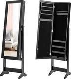 Giantex Jewelry Cabinet with Full-Length Mirror, Standing Jewelry Armoire Organizer with 64 Earring Slots, 72 Ring Slots, 20 Necklace Hooks, 4 Storage Shelves, 3 Angle Adjustable (Black)