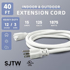 EP 40 Ft Outdoor Extension Cord, 12/3 SJTW Heavy Duty Extension Cable with 3 Prong Grounded Plug, 15 AMP Power Cord for Lawn, Garden, Appliances, White