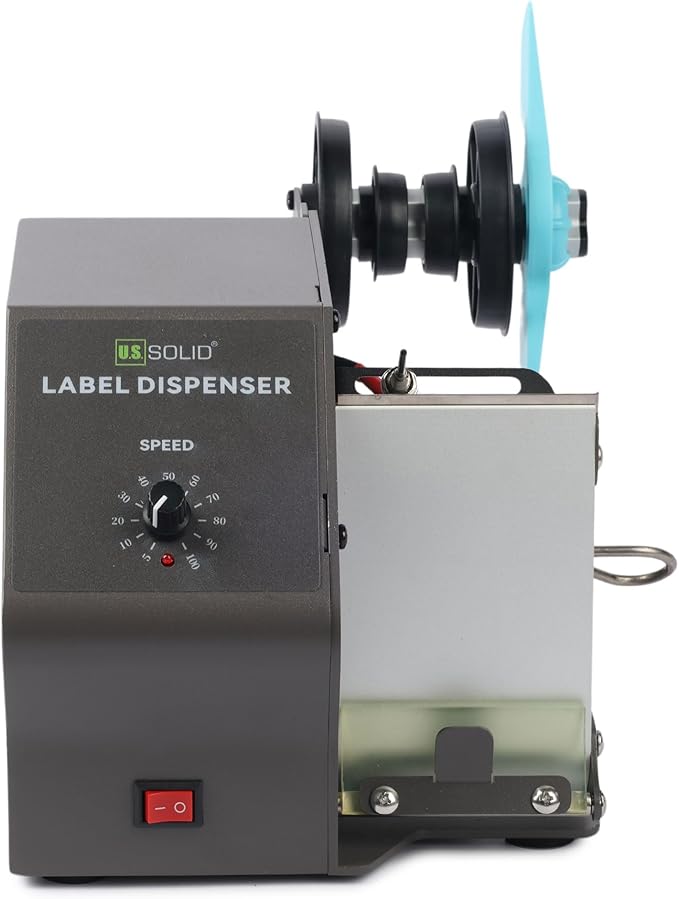 U.S. Solid Automatic Label Dispenser for Long Label Rolls and Fanfold Label - Clear and Opaque Labels - Core Sizes 1”/1.5”/3”- Adjustable Speed Label Width 0.2-4.7 in Max. Roll Diameter 11 in
