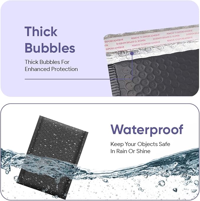 Black Small Poly Bubble Mailers 6x10 inch #0 | Self Seal Padded Envelopes | Cushioned Bubble Mailer | Usable Size 6x9 | WaterProof | Lightweight mailing Shipping Bags | 250 Pack Bulk