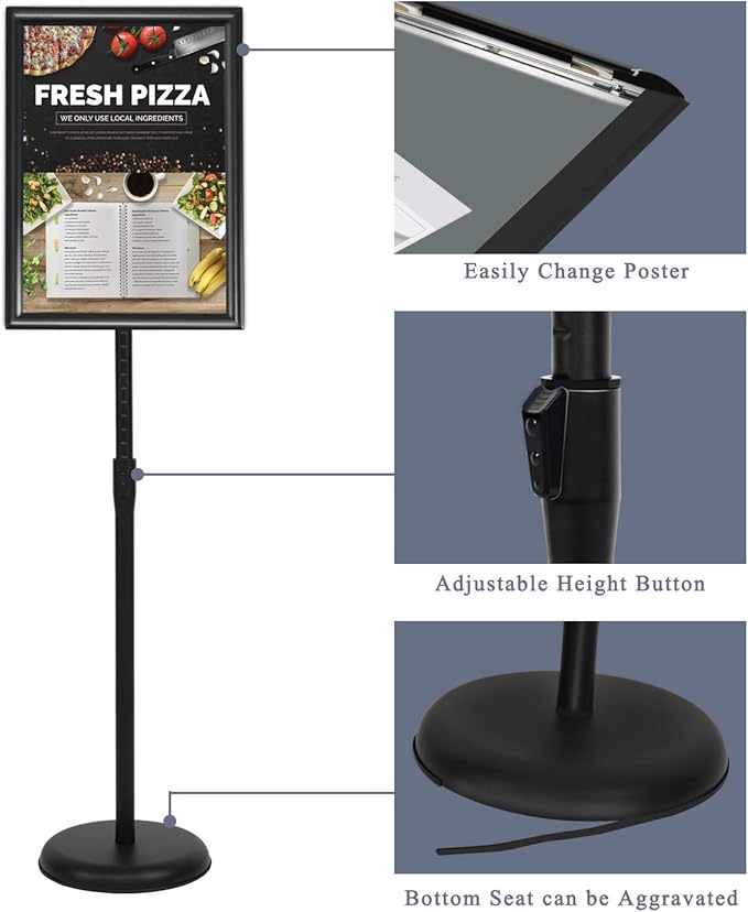 11 x 17 Inch Adjustable Pedestal Sign Holder Poster Stand, Heavy Duty Floor Standing Sign Holder Stand Aluminum Snap Open Display Frame for Vertical and Horizontal View Sign Displayed(Black)