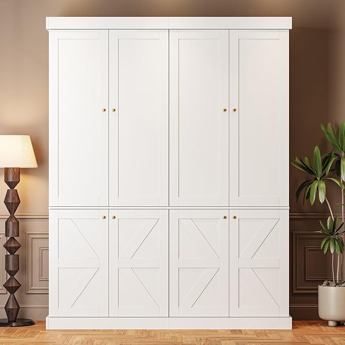 70.8" Tall Farmhouse Kitchen Pantry Cabinet with Doors, Modular Storage Cabinet with 4-Tier Adjustable Shelves, White, Wooden Hutch for Living Room, Kitchen, Set of 2