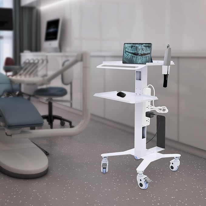 Computer Cart Mobile Standing Workstation with Power Strip, Salon Spa Beauty Machine Trolley Stand, Adjustable Height Computer Cart with 4 Wheels for Placing Computers, Mainframes