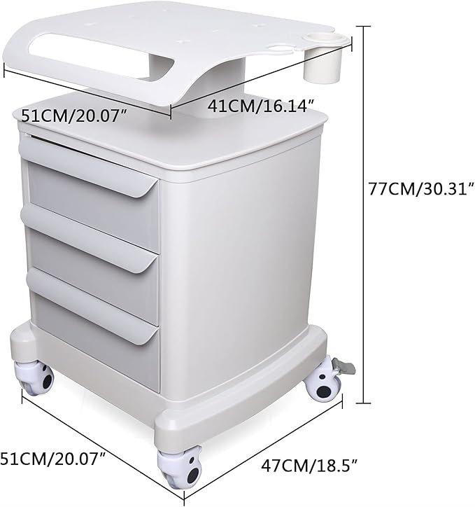 3 Drawers Salon Trolley Cart with Top Shelf, ABS Rolling Storage Cabinet Trolley w/Handle, 66lbs Capacity Mobile Utility Cart for Salon & Dental Clinic