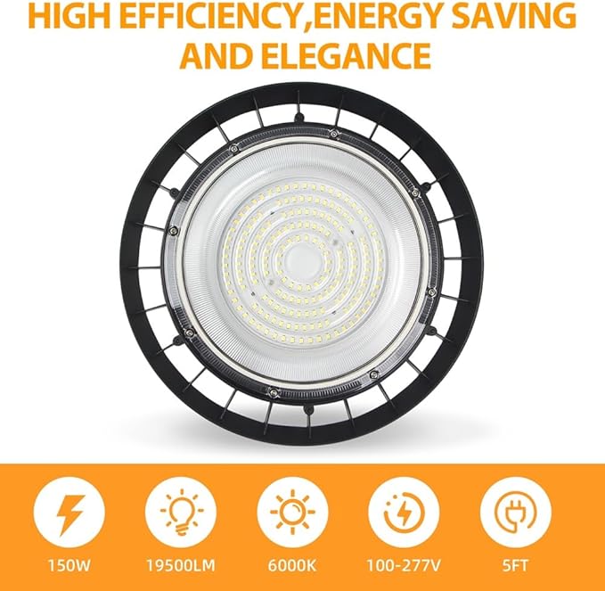 LED High Bay Light,Industrial,150W 19500LM,6000K Daylight,AC100-277V,Energy Efficient Warehouse Shop Lighting Fixture with Geometric Design,UFO Light 1pack