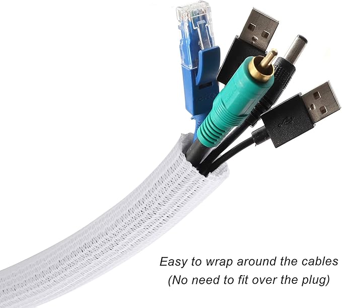 CrocSee 10ft - 3/8 inch Braided Cable Management Sleeve Cord Protector - Self-Wrapping Split Wire Loom for TV/Computer/Home Theater/Engine Bay - White