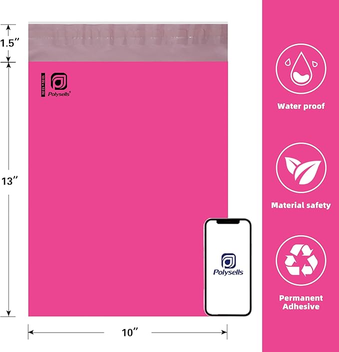 POLYSELLS 200 pcs 10x13 Inches Pink Poly Mailers Shipping Envelopes, Strong Adhesive Sealing, Waterproof, and Tear-resistant Postal Mailing Bags for Small Business, Clothes, Non-Fragile Items