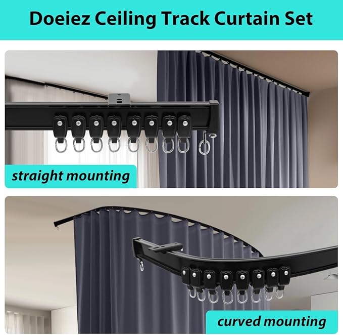 Room Divider Blackout Curtains Flexible Sliding Tracks Sets Ceiling Mounted Rod Window Curtain Privacy Separation for Bedroom Living Rooms,1 Panel Grey Drape and Black Track Set（W180xH108 in）