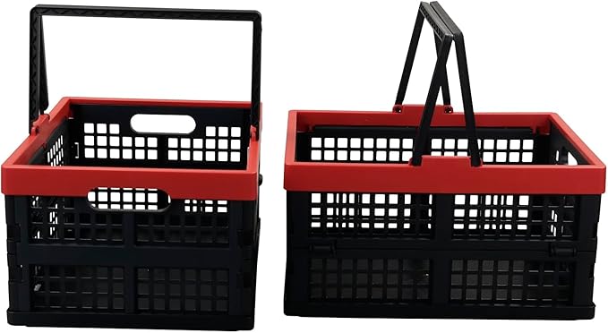 Idomy Pack of 2 Collapsible Storage Crates with Handles, Plastic Grocery Shopping Baskets
