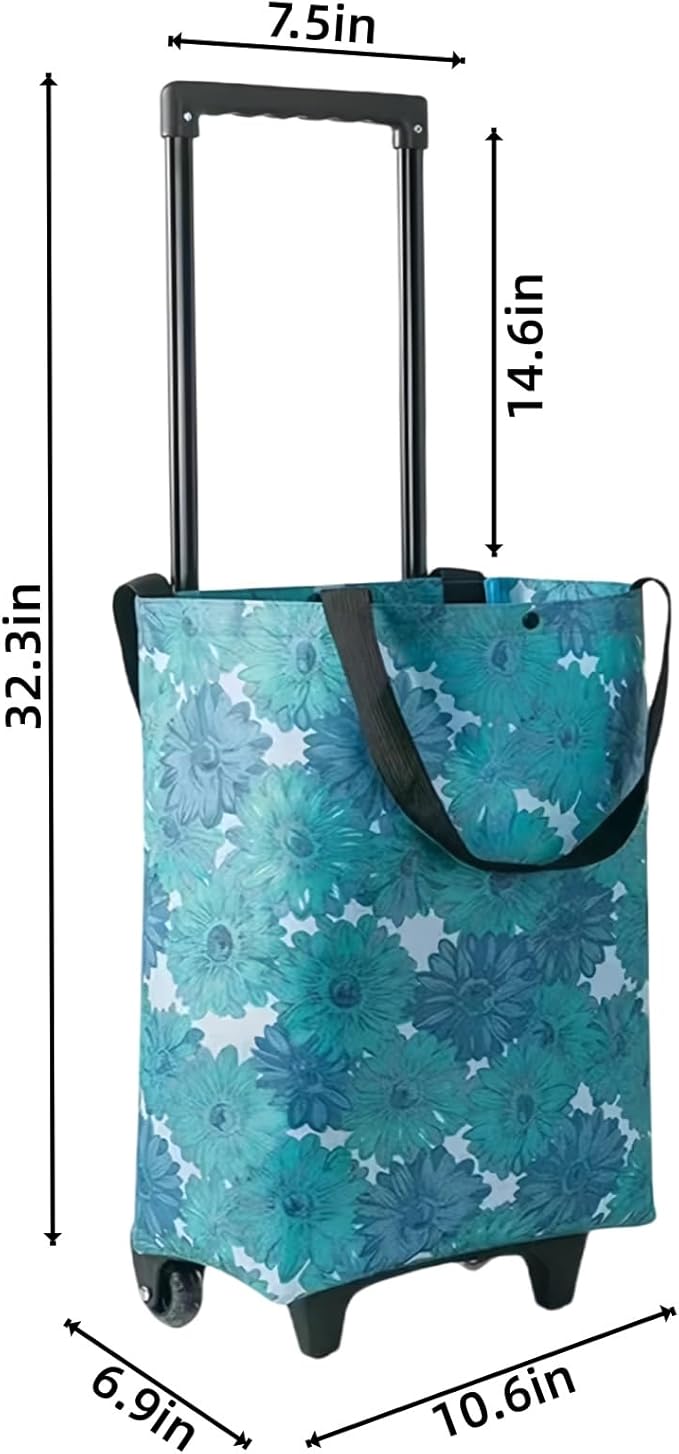 Portable Shopping cart Foldable with Wheels,Folding Shopping Cart Tote Bag Trolley Grocery Carts for Outdoors Reusable Grocery Bags Travel Bag (Flower)