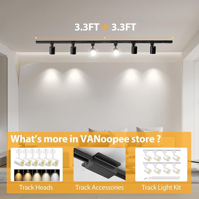 VANoopee H Track Lighting Rails Kit, 10FT H Type Track Rails Black with End Caps and Live End Feed Connector, Compatible with Single Circuit 120V H Style Track System