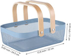 Metal Mesh Steel Basket, Storage Organizer Baskets Garden Harvest Basket Multi-functional Kitchen Fruit Baskets Bin with Wooden Handle for Bathroom Picnic Shopping Decor Cabinet Home, Blue