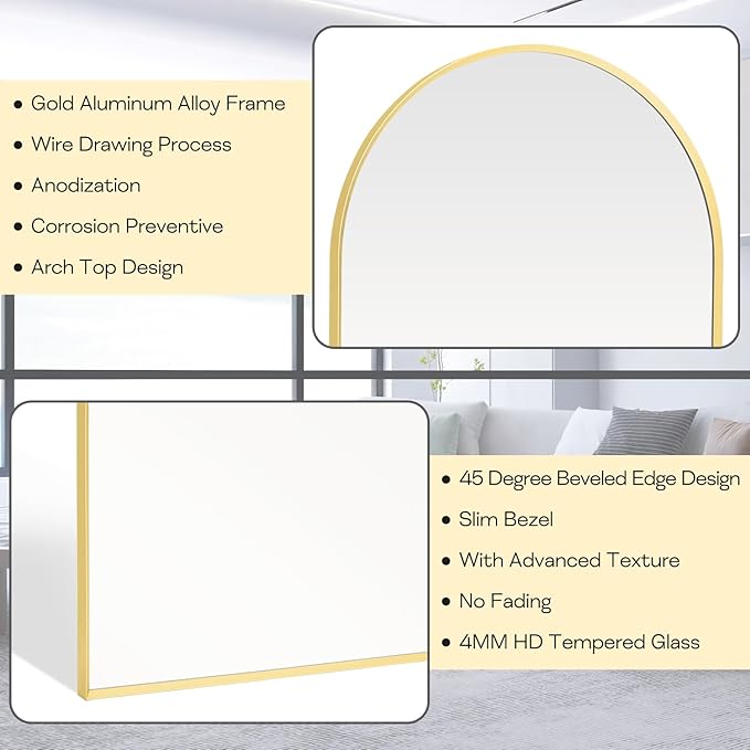 20" x 30" Gold Arched Mirror, Arch Bathroom Vanity Wall Mirror, Modern Aluminum Alloy Metal Frame Arch Mirror for Bathroom, Living Room, Bedroom, Entryway