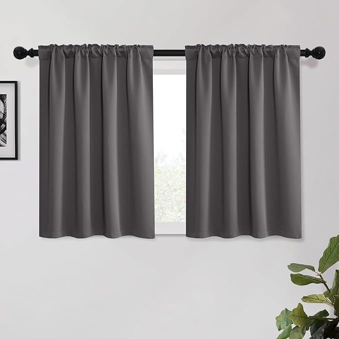 KGORGE Small Window Curtains 45 inch, Blackout Privacy Thermal Insulation Noise Reducing Grommet Curtain Drapes for Basement Kids Room Nursery Kitchen, W34 x L45 inches, Grey, 2 Panels