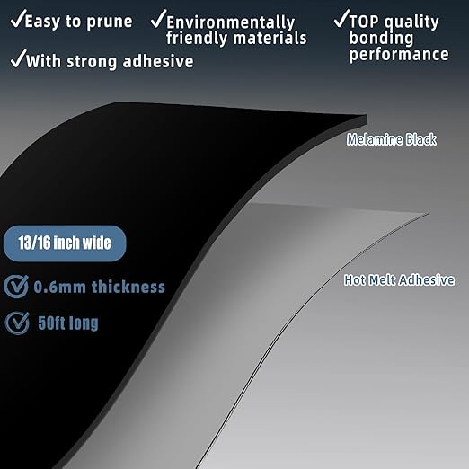 Melamine Edge Banding, 13/16 inch x 50ft Roll of Veneer Black Edge Banding Pre-glued, Real Wood Tape for Cabinet Repair and Furniture Restoration
