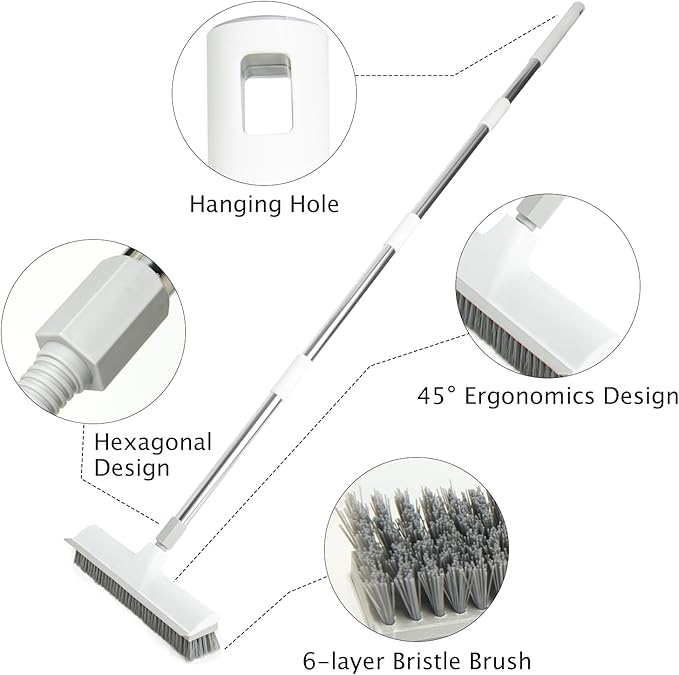 Floor Brush, 2-in-1 Scraping Brush,with 59.8" Long-Handled Adjustable Floor Brush, Suitable for Cleaning Kitchen, Bedroom, Shower Room, Floor, Tile Patios, Outdoor Patio, Terrace (White)
