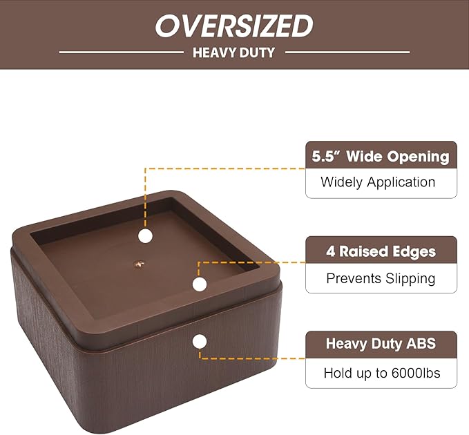 Bed Risers, Elevation up 3 inch, Heavy Duty Couch Risers 6000lbs, Stackable 3/6 / 9 inch Bed Furniture Risers Fits 5.5X5.5 inch Legs for College, Dorm, Couches, Tables, Desks, Set of 4