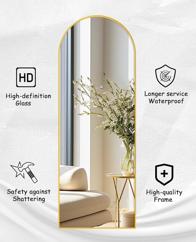 64"x21"Floor Mirror Arched Full Length Mirros, Mirror Floor Length Standing Hanging or Leaning/Large Full Body/Wall Mirror for Bedroom, Living Room, Aluminum Frame, Black