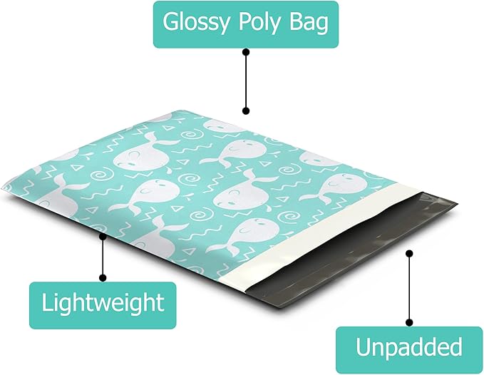 12x15 (50) Blue Whales Designer Poly Mailers Waterproof Self Sealing Tear Resistant Polymailers Shipping Envelopes Premium Printed Bags For Small Businesses