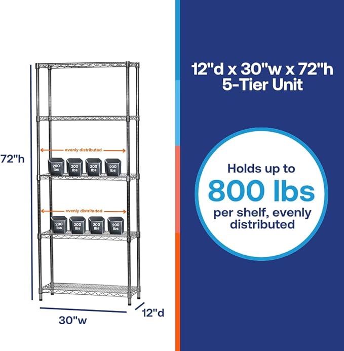 Shelving Inc. 12" d x 30" w x 72" h Chrome Wire Shelving with 5 Tier Shelves, Weight Capacity 800lbs Per Shelf