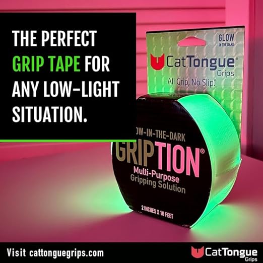 CATTONGUE GRIPS Non-Abrasive Grip Tape Wrap - 2” Thick Heavy-Duty, Waterproof Anti-Slip Tape for Wrapping Tools, Bats, Gym Equipment - Indoor & Outdoor Anti-Slip Solution (Glow in The Dark, 10ft)
