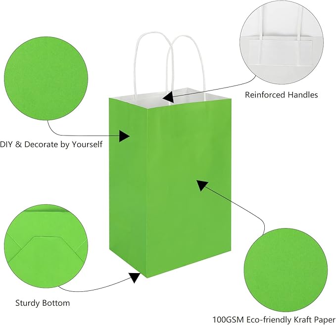 100 Pack 5.25x3.25x8.25 Inch Small Grass Green Kraft Paper Bags with Handles Bulk, Toovip Gift Wrap Bags for Favor Grocery Retail Party Birthday Shopping Business Goody Craft Merchandise Takeout Sacks
