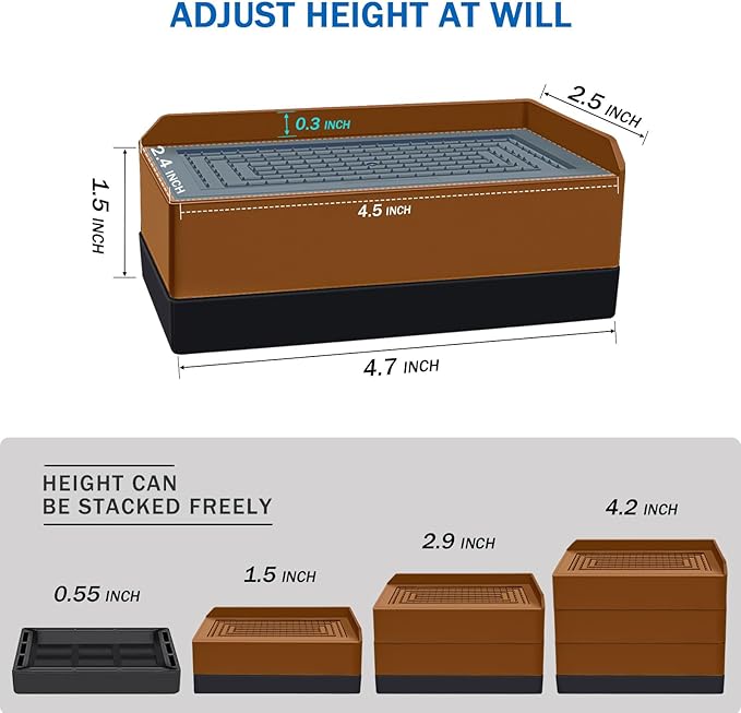 Furniture Risers 1.5 inch, Rectangle Adjustable Risers Blocks for Bed Sofa Table and Couch Lifting，Heavy Duty Support Up to 1,300 Lbs (4 Pack-Brown)