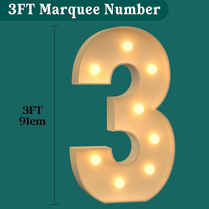 3FT Marquee Numbers, Light Up Numbers 3 for 3rd 13th 30th Birthday Decorations, Big Numbers for Party Decorations, Large Light Up Numbers for Party Decor DIY Pre-Cut Foamboad Mosaic Numbers