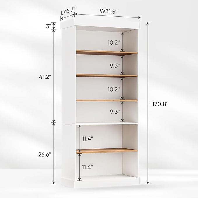 Vyre 70.8" Tall White Bookshelf, Farmhouse Modular Bookcase with 6-Tier Adjustable Shelves, Large Storage Cabinet for Home Office, Living Room, Set of 3