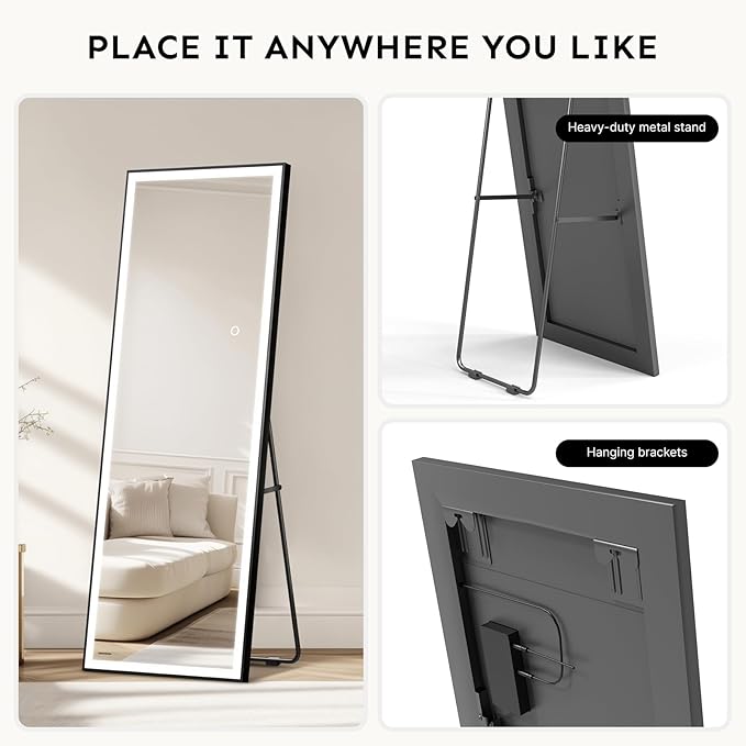 Kosmonia 71x24 Full Length Mirror, Dimmable 3 Color LED Light w/Light Memory, Distortion Free Silver Coating Mirror, HD Reflection &Anti Desilvering,Tempered Glass &Shatter Proof Film Doubles Safety