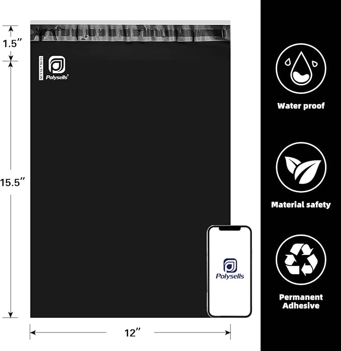 POLYSELLS 500 pcs 12x15.5 Inches Black Poly Mailers Shipping Envelopes, Strong Adhesive Sealing, Waterproof, and Tear-resistant Postal Mailing Bags for Clothing, Books, and Accessories