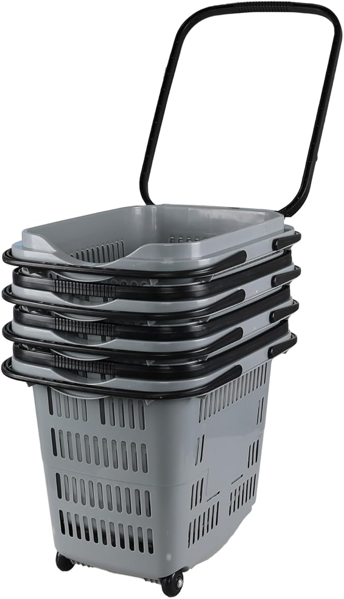 Kiddream 4 Pack Plastic Rolling Shopping Basket with Wheels, Large Portable Grocery Basket, Grey