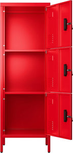 Aobabo 16" W 3 Door Metal Storage Locker with Lock, 47" H Steel Locker with Name Card Holder and Metal Leg for School, Home, Office, Playroom, Assembly Required, Red