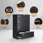 4 Drawer File Cabinets for Home Office, Metal Filing Cabinet with Lock, Black Locking File Caninet Four Drawer, Office Storage Caninets Steel Cabnet for Letter/Legal/A4/F4-Assembly Required