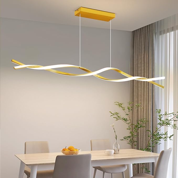 Modern Ceiling Pendant Light, with Remote Control Dimmable 3 Color Mode & Brightness Ceiling Lamp, Anti-Flicker Dining Light Fixture for Kitchen, Dining Room (Gold, 57IN)