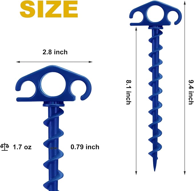 Tent Stakes Ground Anchors Screw in, 10 Pack Sand Stakes for Beach 9.4 Inch Heavy Duty Spiral Tent Pegs for Camping, Party, Hiking, Outdoor Decoration (10, Blue)
