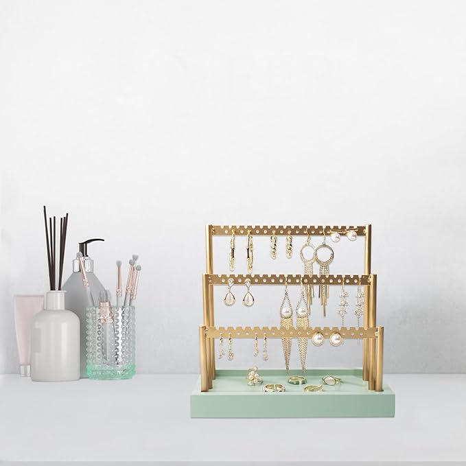 SANY DAYO HOME 3-Tier Earring Holder Organizer Stand, 105 Holes Gold Metal Earring Rack Jewelry Display Tree with Sage Green Wood Tray for Women and Girls