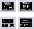 TMC 8 Inch Digital Dementia Clock for Seniors – Large Auto-Dimming Display with Date & Time, Multi-Language Calendar, 5 Alarms + Medicine Reminders – Wall or Desk Mount, Built-in Stand (White, SD)