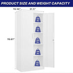 LUCYPAL Metal Garage Storage Cabinet with 2 Doors and 4 Adjustable Shelves - 70.8" Steel Locking Storage Cabinet,Garage Cabinets for Office,Home,Garage,Gym,School (White)