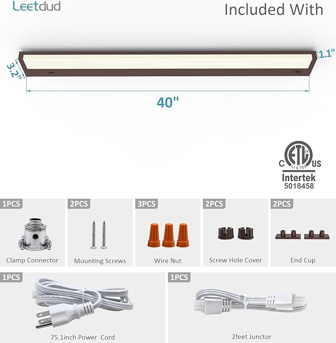 LED Under Cabinet Lighting Hardwired or Plug in, 40 Inch 20W, Dimmable 5 Color 2700K/3000K/3500K/4000K/5000K, Linkable Eyes Care Design Counter Lights for Kitchen, Sink, ETL Listed, Bronze