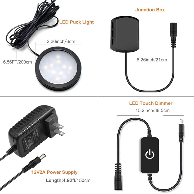 YGS-Tech LED Under Cabinet Lighting Kit, 1020 Lumens LED Puck Light, 5000K Daylight White, CRI90+, Touch Dimming, Black Trim All Accessories Included, for Kitchen, Closet Lights, Safe Light, 6-Pack