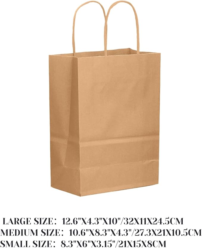 qiqee 100-Packs Brown Paper Gift Bags with Handles Bulk Assorted Sizes(33pcs Large 13", 33pcs Medium 11", 34pcs Small 8")