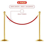 Woanger 6 Pack Velvet Stanchion Rope, 5 Feet Crowd Control Stanchion Ropes Safety Barrier with Gold Plated Hook for Carpet Events Movie Theaters Grand Openings Hotels Party (Red)