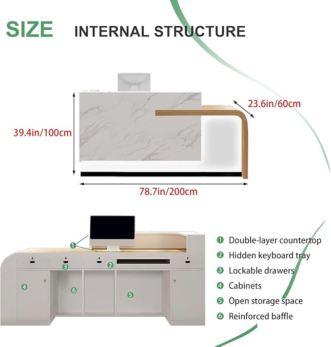 Modern Reception Desk with Counter Front Reception Table with Hidden LED Lighting Commercial Receptionist Desk White and Wood Checkout Counter Fully Assembled and Ready to Use 79inch