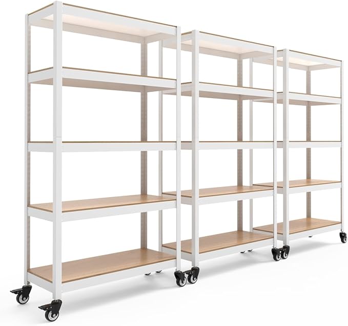 HOMEDANT House 5-Tier Metal Rolling Cart Shelf Rack Casters Heavy Duty Laminated Wheel Shelving Unit Adjustable Utility Storage Shelves Organizer Shelf Kitchen Garage (3, (M) 36.2" W, White)