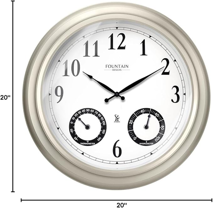 20" Evander Outdoor Atomic Clock with Thermometer & Hygrometer, 3 in 1 Weather Stations, Large Wall Clocks for Living Room Decor,Modern Farmhouse Home Decor (Morning Silver)