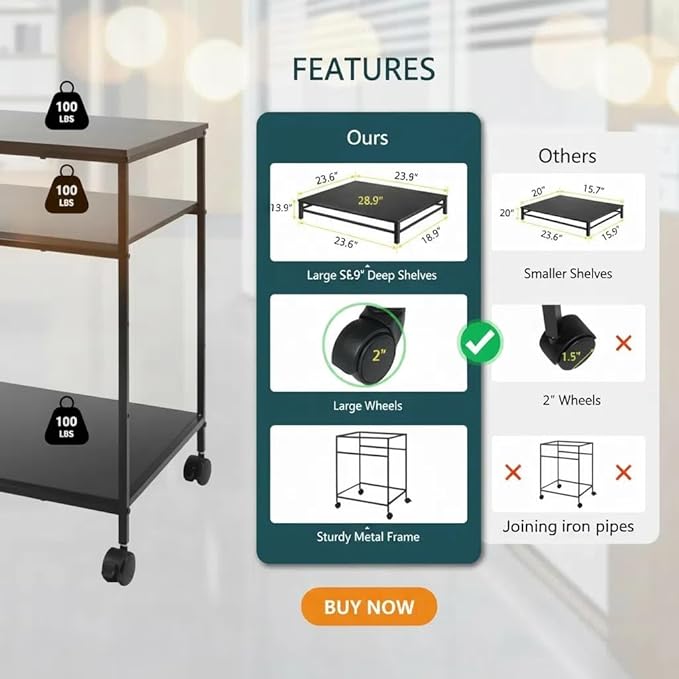 Heavy Duty 2-Tier Printer Stand with Locking Wheels, 19.5"x19.5" Large Printer Table Shelf, Holds 100 lbs per Shelf - Fits Most 60" Desks, Perfect for Office, Home, Laser Printer or Mini Fridge